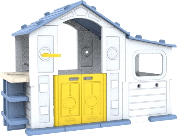 Groot kinderspeelhuis met halletje, basketbalring en gootsteen – blauw dak