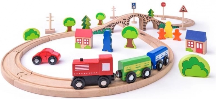 Houten treinbaan in de vorm van een acht met brug