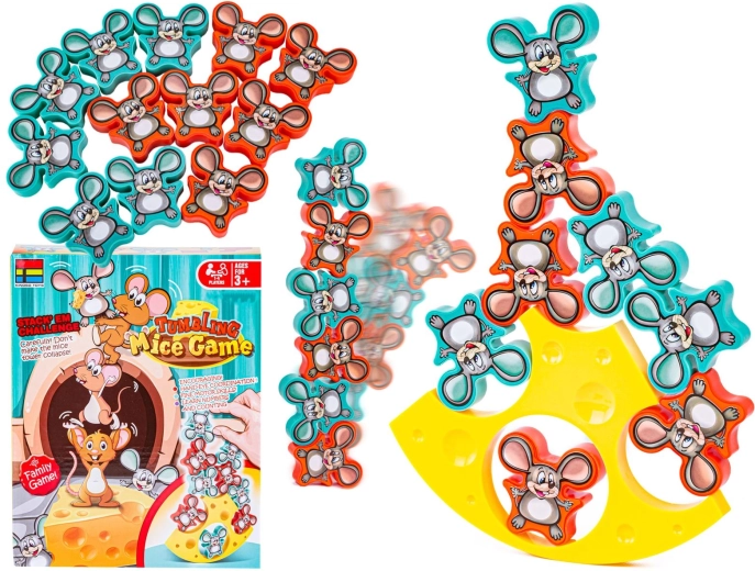 Behendigheidsspel Tumbling mice – balancerende muisjes op een wiebelende kaas-toren