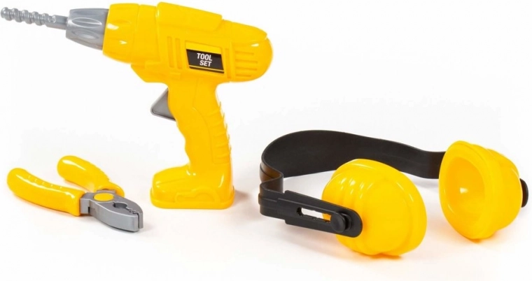 Kinder gereedschapset – boormachine, gehoorbeschermers en tang (geel)