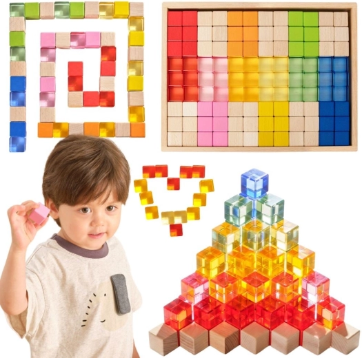 VIGA kleurrijke lichtgevende blokken van acryl en hout, 108 delen