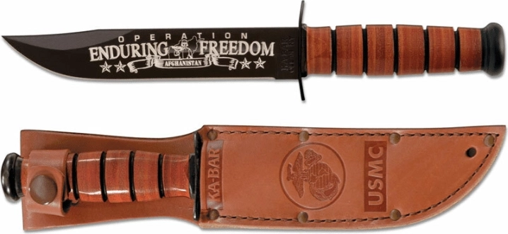 Ka-Bar herdenkingsmes U.S.M.C. OEF Afghanistan 17,8 cm, zwart, lederen handgreep, lederen schede