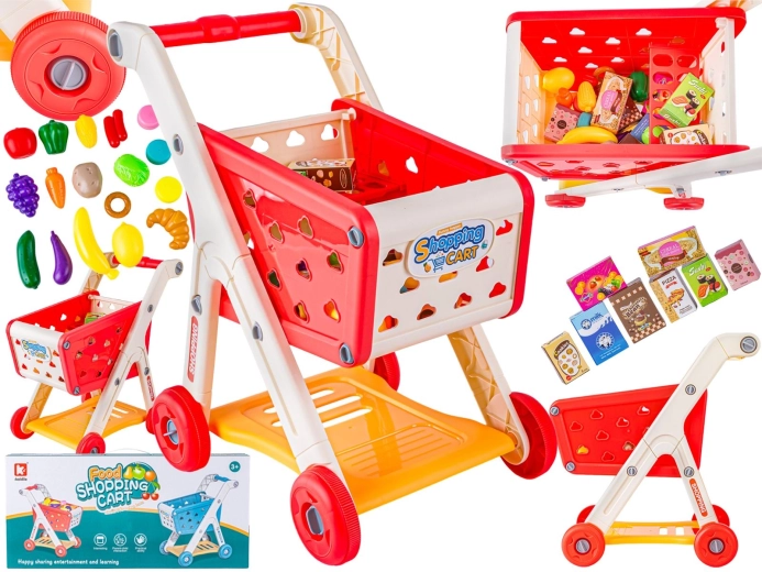 Kinderwinkelwagentje voor de supermarkt rood met accessoires (fruit en groenten)