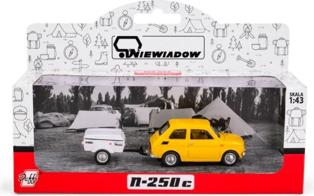 Fiat 126p met korte gele Niewiad K-612-aanhanger