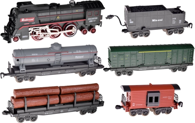 Complete treinbaan met vijf wagons