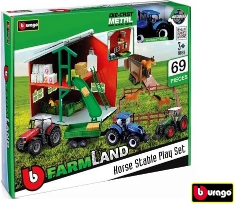 Bburago Farmland speelset stal met paarden en tractor assorti - 1 stuk
