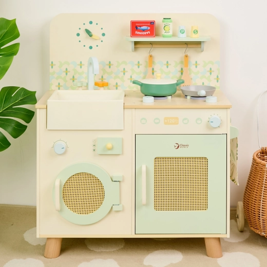 Keuken, gootsteen en wasmachine in één