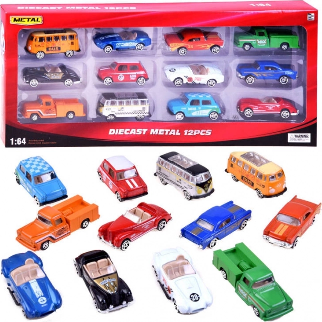 Set van metalen retro autootjes 1:64 (12 stuks)
