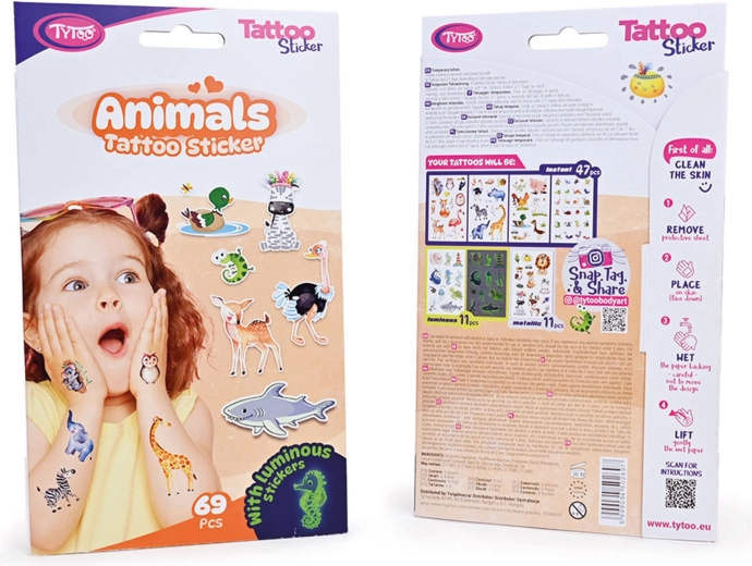 Set tijdelijke tatoeagestickers met dieren – 69 stuks