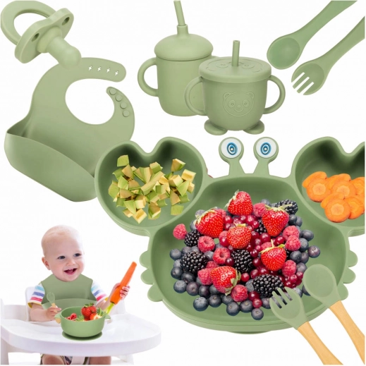 Siliconen servies voor kinderen Krab - groen, 19 stuks