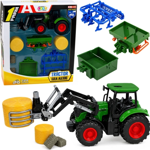 Boerderijiet set: tractor met voorlader en balenklem 1:24