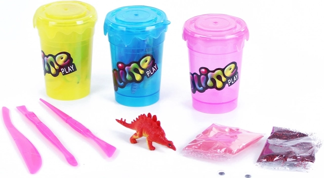 Slime Play creatieve set voor het maken van slijm met glitter en een dinofiguurtje
