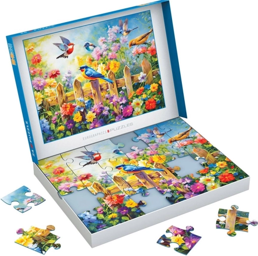 Puzzel Eurographics Connecting Pieces: speelse tuinvogels 24 stukjes