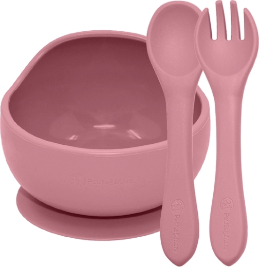 Petite&Mars siliconen eetset Take&Match: kom met zuignap + bestek dusty rose (6m+)