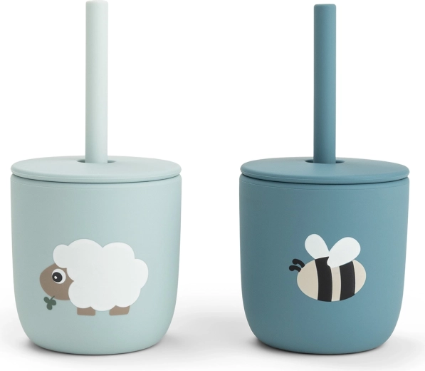 Done by Deer siliconen bekertjes met rietje Tiny farm blauw 2 stuks