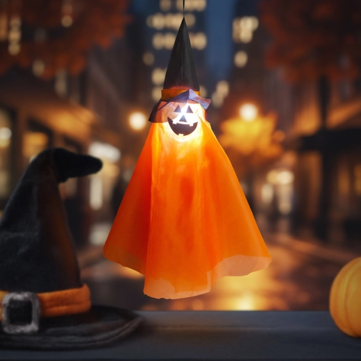 Hangende lichtgevende Halloween-decoratie in de vorm van een pompoen met heksenhoed