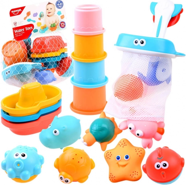 Kleurenset badspeelgoed met organizer, bootjes en diertjes