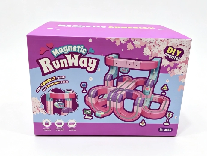 Roze magnetische knikkerbaan met treintje, 126 onderdelen