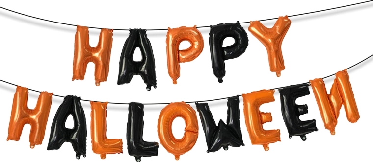 Halloween-set folieballonnen Happy Halloween met bevestigingslint