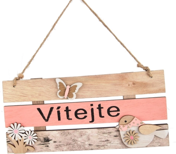 Houten bordje Welkom bruin-roze 24 × 11 cm