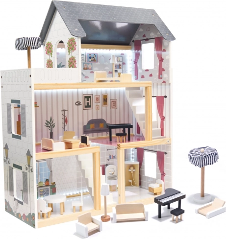 Houten poppenhuis van MDF, zwart, 78 cm met LED-verlichting