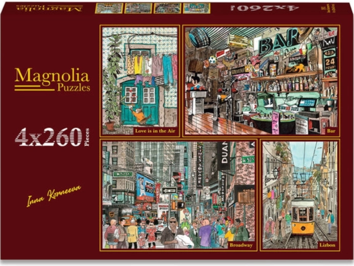 Magnolia puzzelset Liefde hangt in de lucht, Retrobar, Broadway en de straatjes van Lissabon 4×260 stukjes