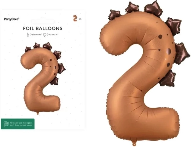 Folieballon cijfer 2 dino - 92 cm - 1 stuk