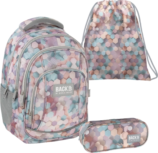 Schoolset BackUP Geometric Beige 3-in-1 – rugzak, etui en gymtas