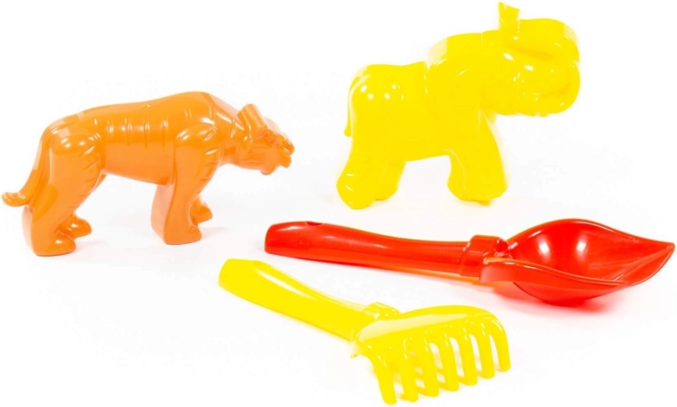 Zandset met schepje, harkje en vormpjes tijger en mammoet