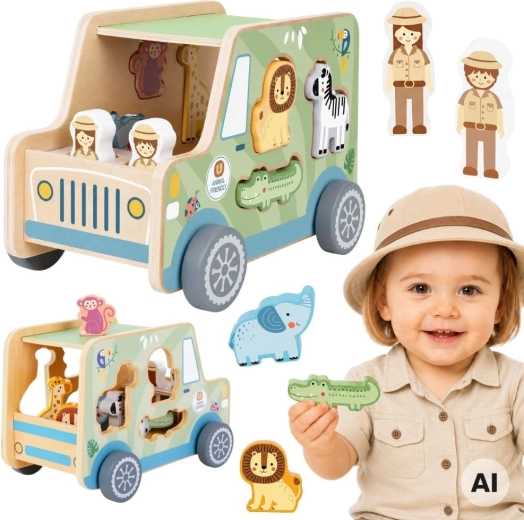 Houten safari-auto met insteekdieren Tooky Toy