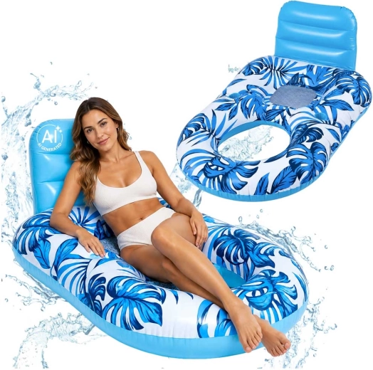 Opblaasbaar waterligbed met rugleuning in blauw-wit
