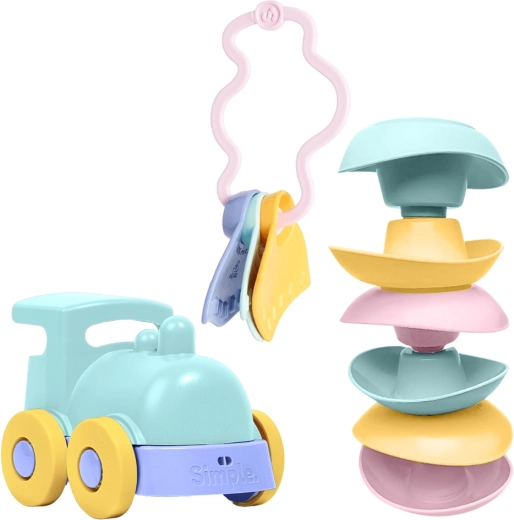 Simple. speelgoedset voor baby’s – mintgroene locomotief, bootjes en rammelaar-bijtring