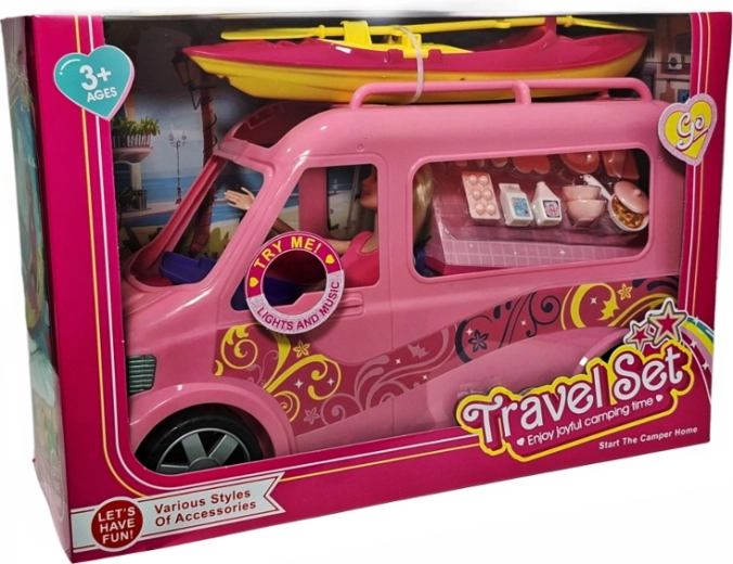 Roze campingwagen voor pop met licht, geluid en accessoires - 1 stuk