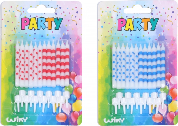 Verjaardagskaarsjes met stippen en strepen, 12 stuks + houders