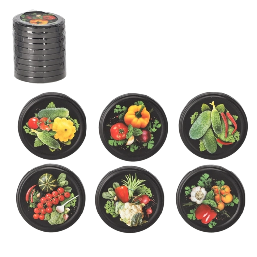 Set matte zwarte deksels voor inmaken 82 mm met groentemotief, 10 stuks