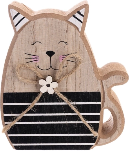 Houten decoratie kat beige/zwart 12 cm