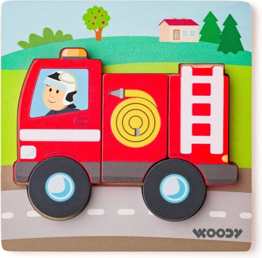 Woody baby inleg houten puzzel brandweerauto 5 stukjes - 1 stuk