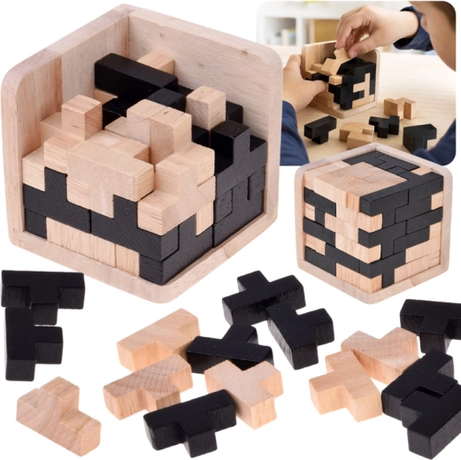 Houten 3D logische kubus Tetris zwart-naturel