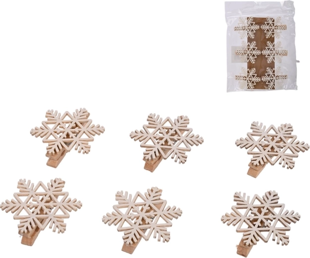 Houten decoratieve wasknijpers met witte sneeuwvlok 6 stuks
