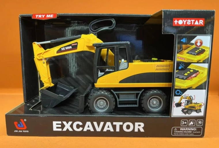 Gele bouwspeelgoed – graafmachine met beweegbare schoppen