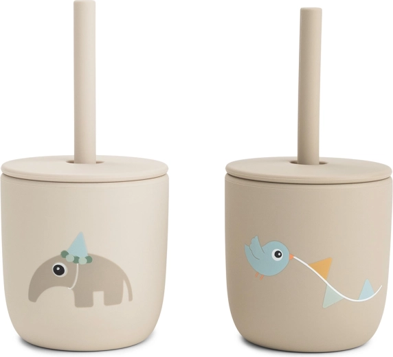 Done by Deer siliconen bekers met rietje Celebration zandkleurig 2 stuks