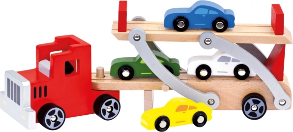 Houten vrachtwagen met autootjes Bino