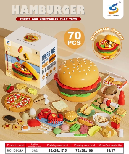 Kinderset fastfood in een hamburger met 70 accessoires