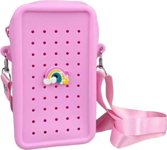 Gifty siliconen crossbody tasje roze met decoratieve pin