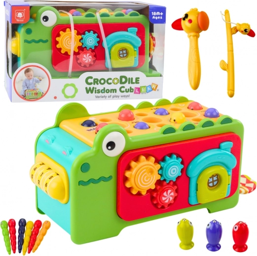 Sensorische educatieve krokodilkubus met labyrint en xylofoon