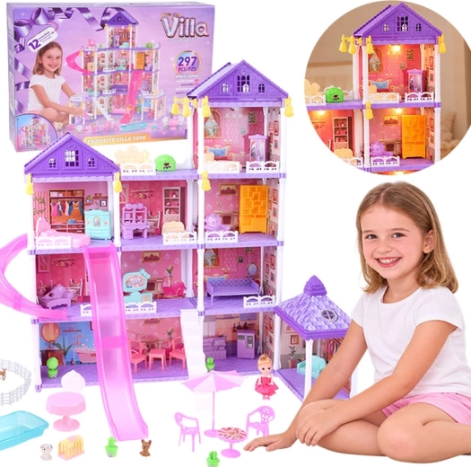 Poppenhuis Villa LED met glijbaan en 250 onderdelen