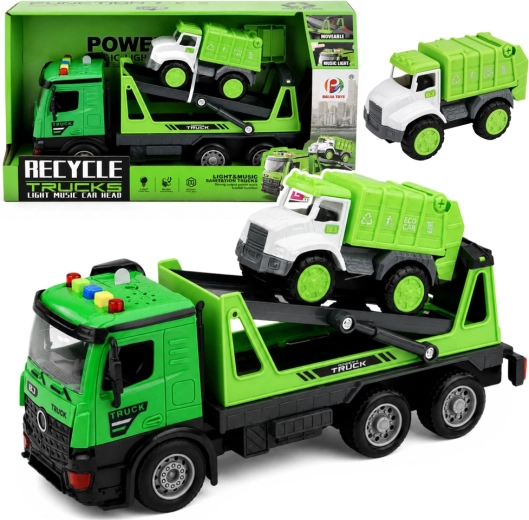 Groene speelgoed-takelaanwagen met vuilniswagen – licht en geluid