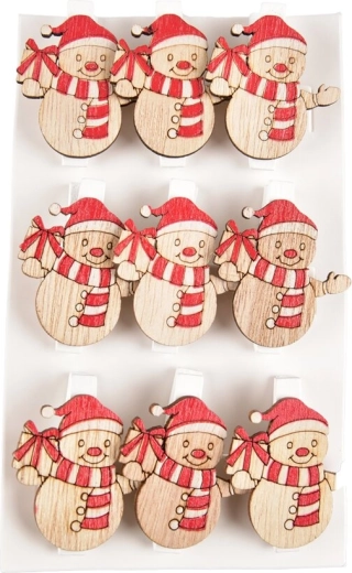 Houten decoratieve knijpertjes met sneeuwpop (9 stuks)