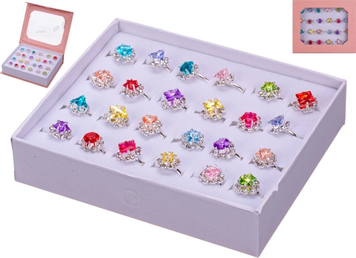 Set van 24 metalen kinder ringetjes met gekleurde steentjes