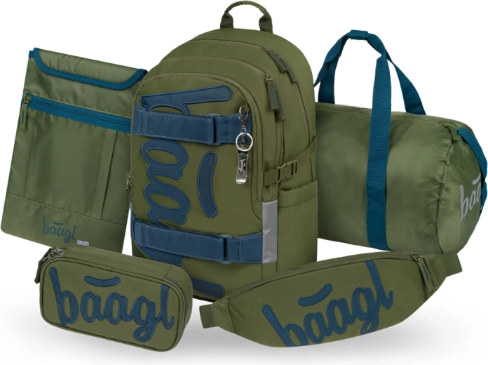 BAAGL set 5 Skate Olive – schoolrugzak, etui, sporttas, heuptas en laptophoes met GRS-certificering